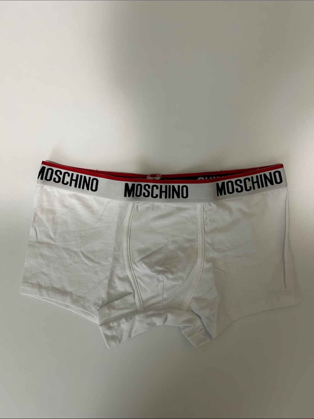Moschino White Boxer Briefs with Black Logo Waistband and Red Trim